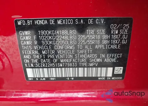 2025 Honda Hr-V Awd Sport from USA, damaged, VIN 3CZRZ2H51SM779833